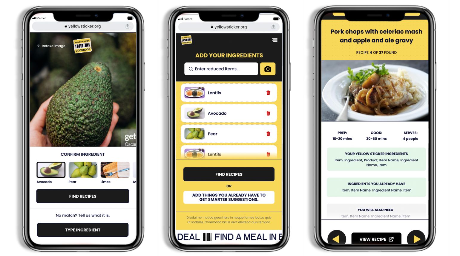 Screenshots of the Yellow Sticker Cookbook mobile app.