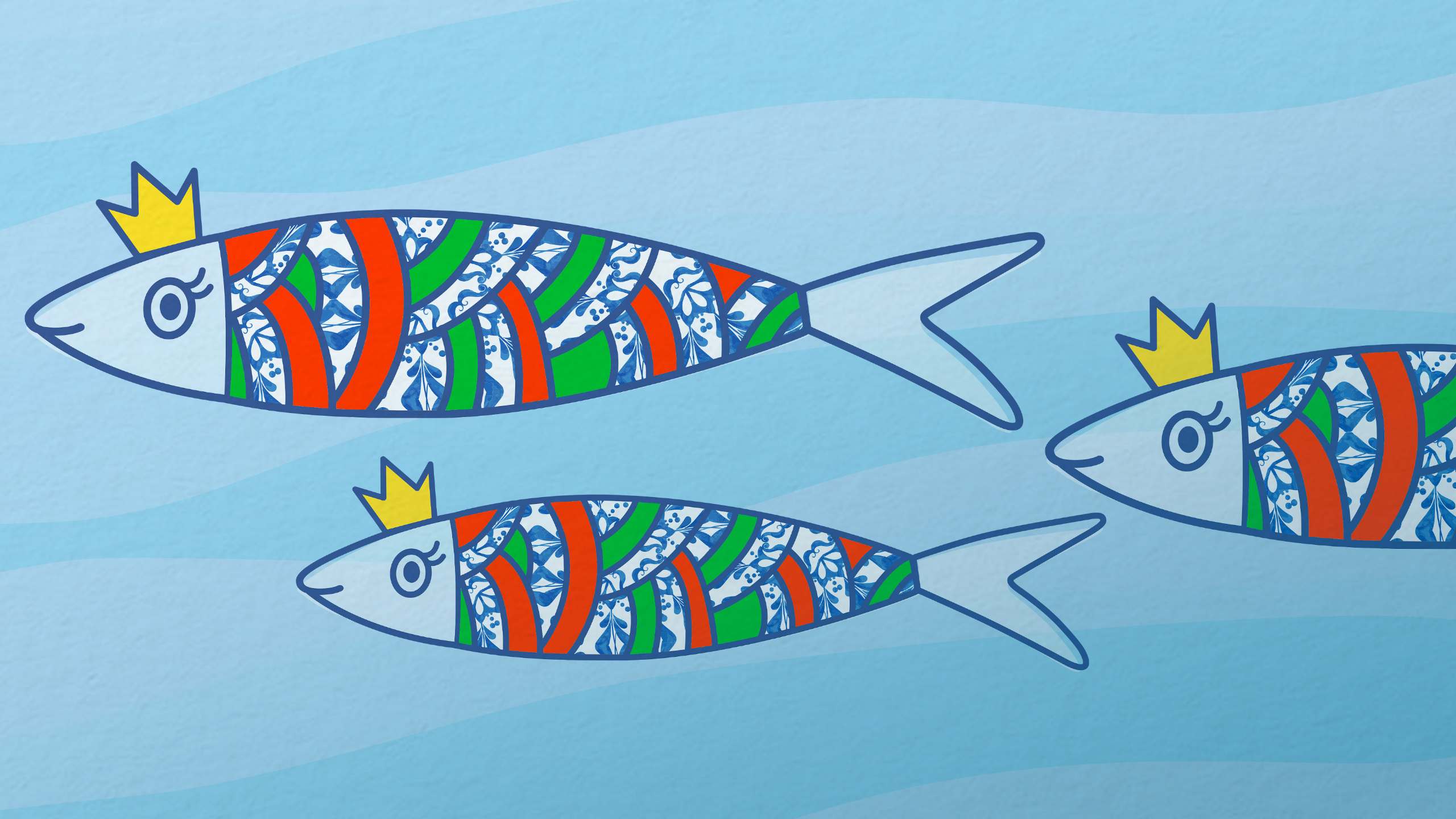 Illustration of decorated sardines, with crowns.