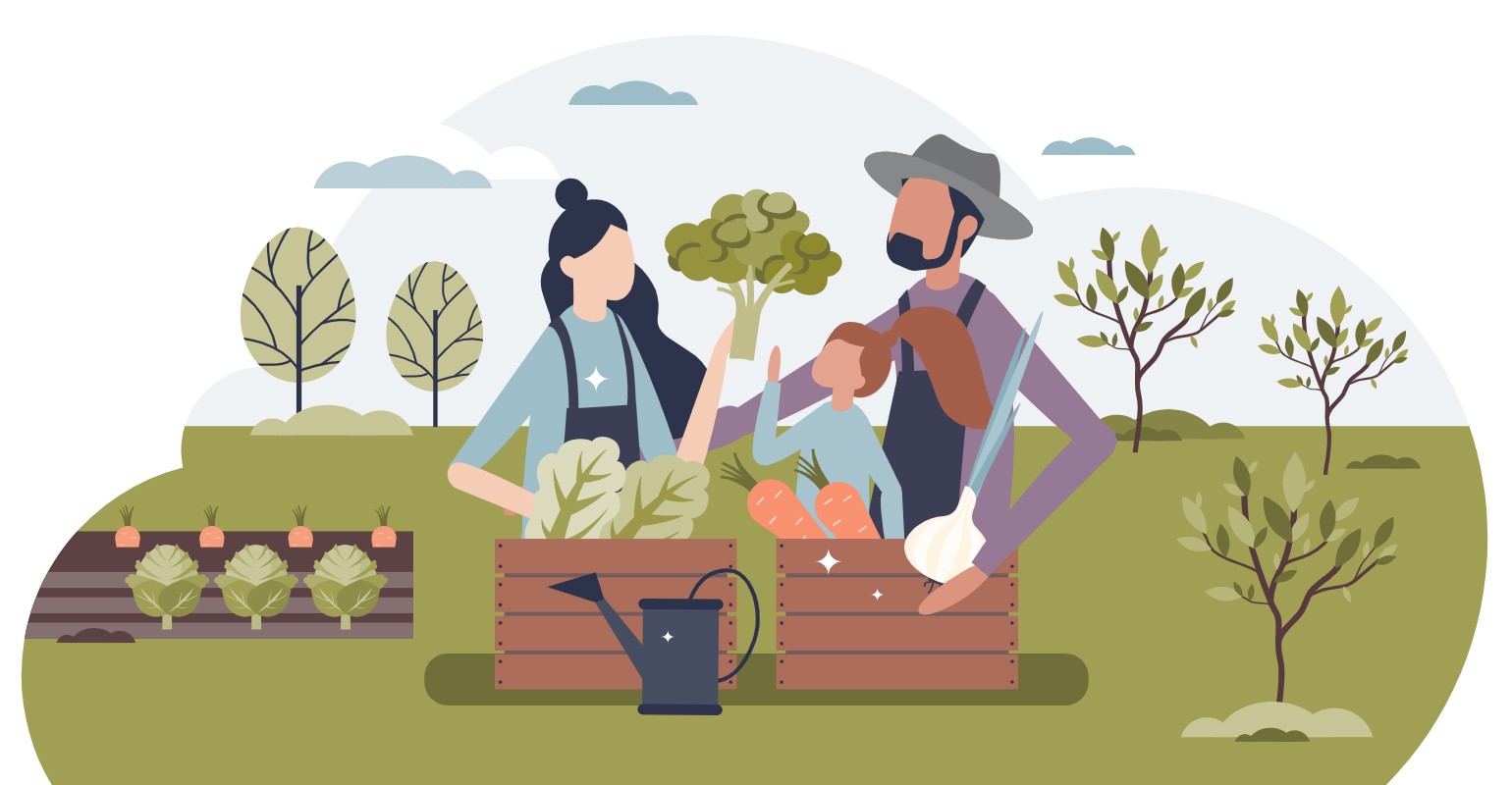 Ilustração de família (mulher, homem e criança) com caixas de vegetais.