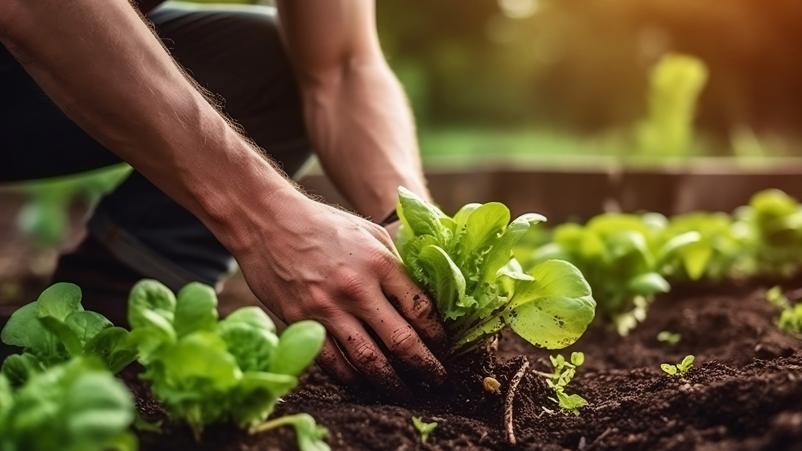 Mãos plantando alfaces no solo.