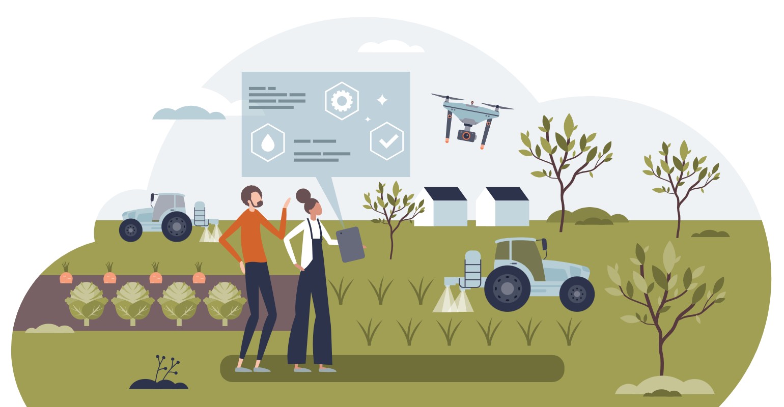 Illustration of man and woman using precision farming techniques in an agricultural field.