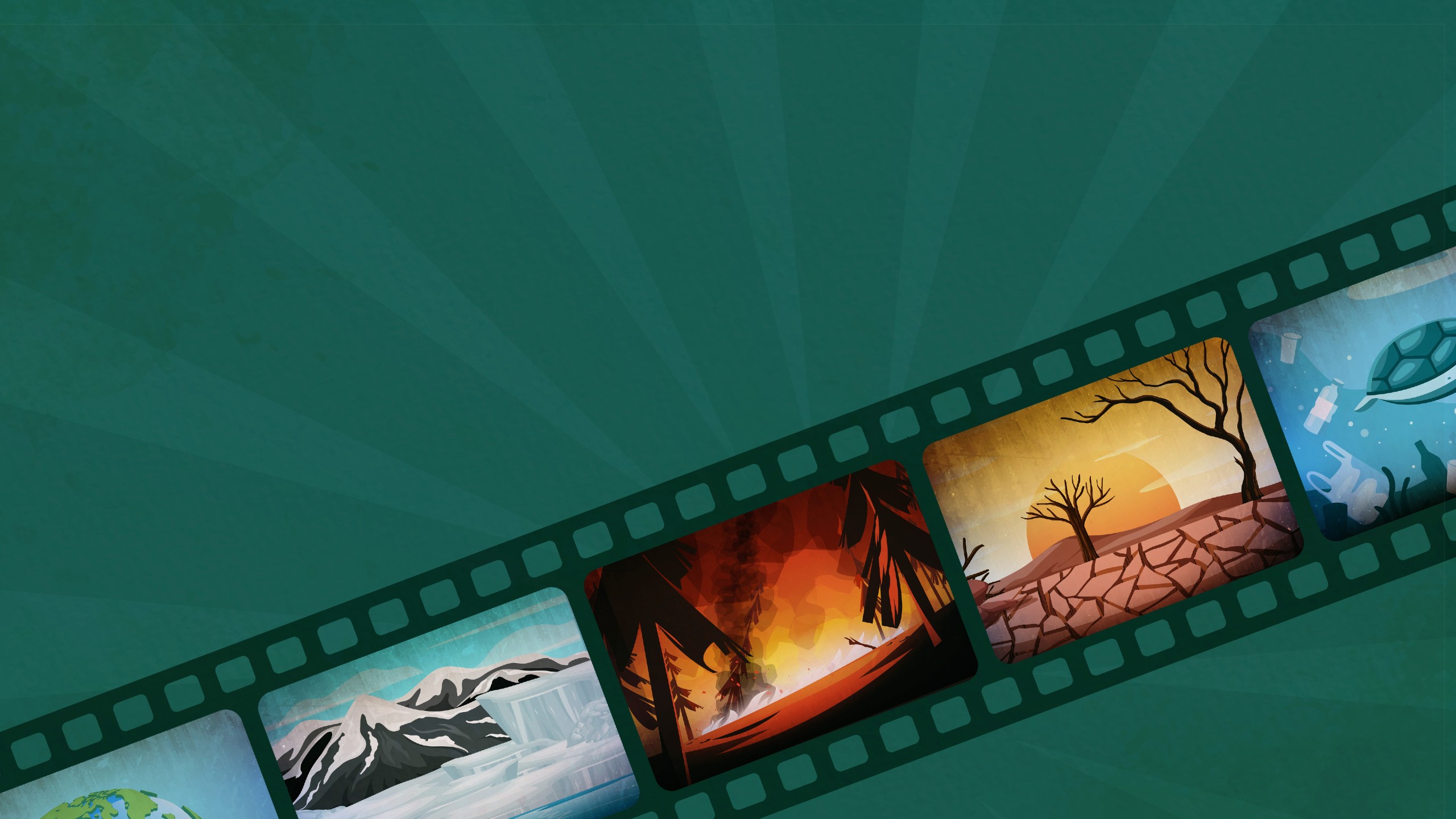 Filmstrip with images related to climate changes: ice, drought, plastic pollution.