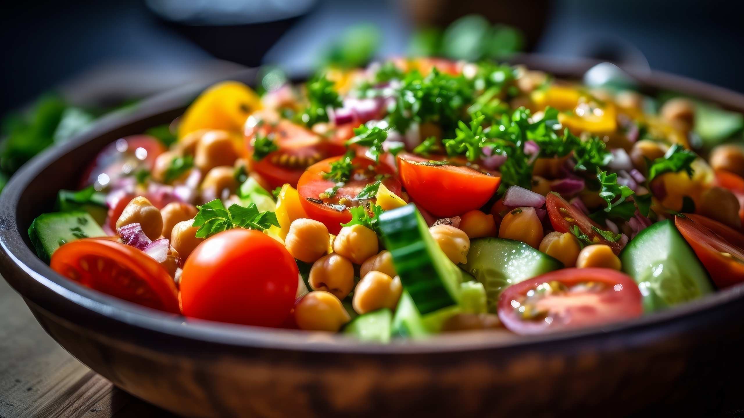 Salada de grão com vegetais frescos, em saladeira grande.