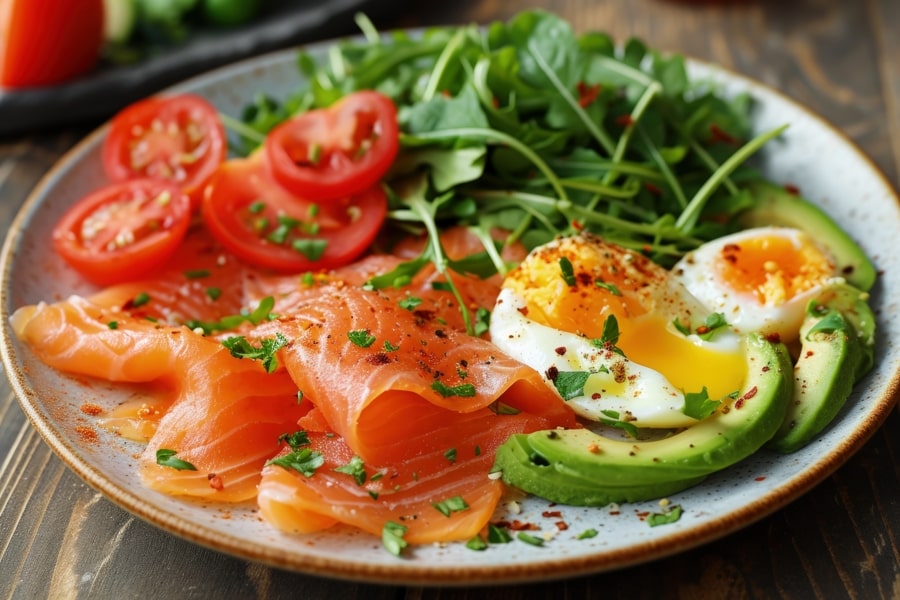 Prato de salmão fumado, abacate e ovos escalfados, com acompanhamento de tomate e espinafres.