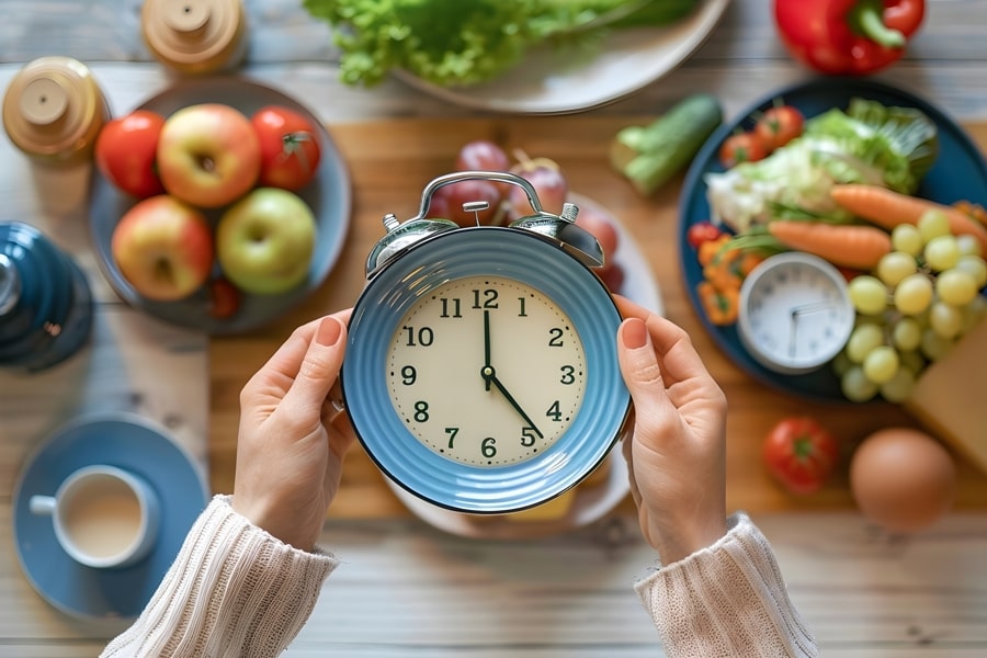 Mãos femininas segurando um relógio, sobre mesa com comida variada.