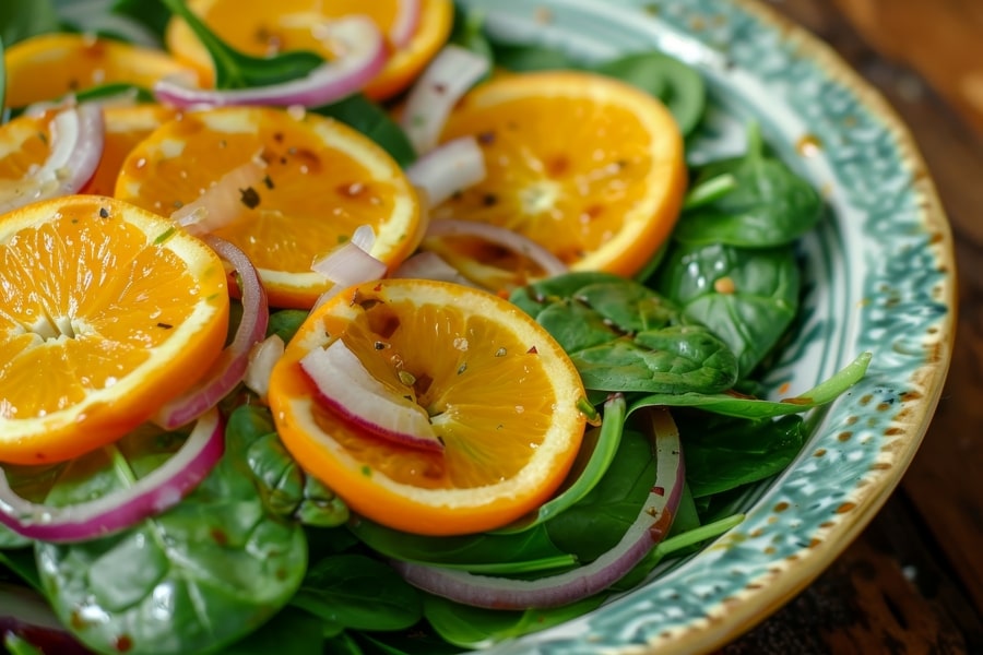 Prato de espinafres com cebola e rodelas de laranja.