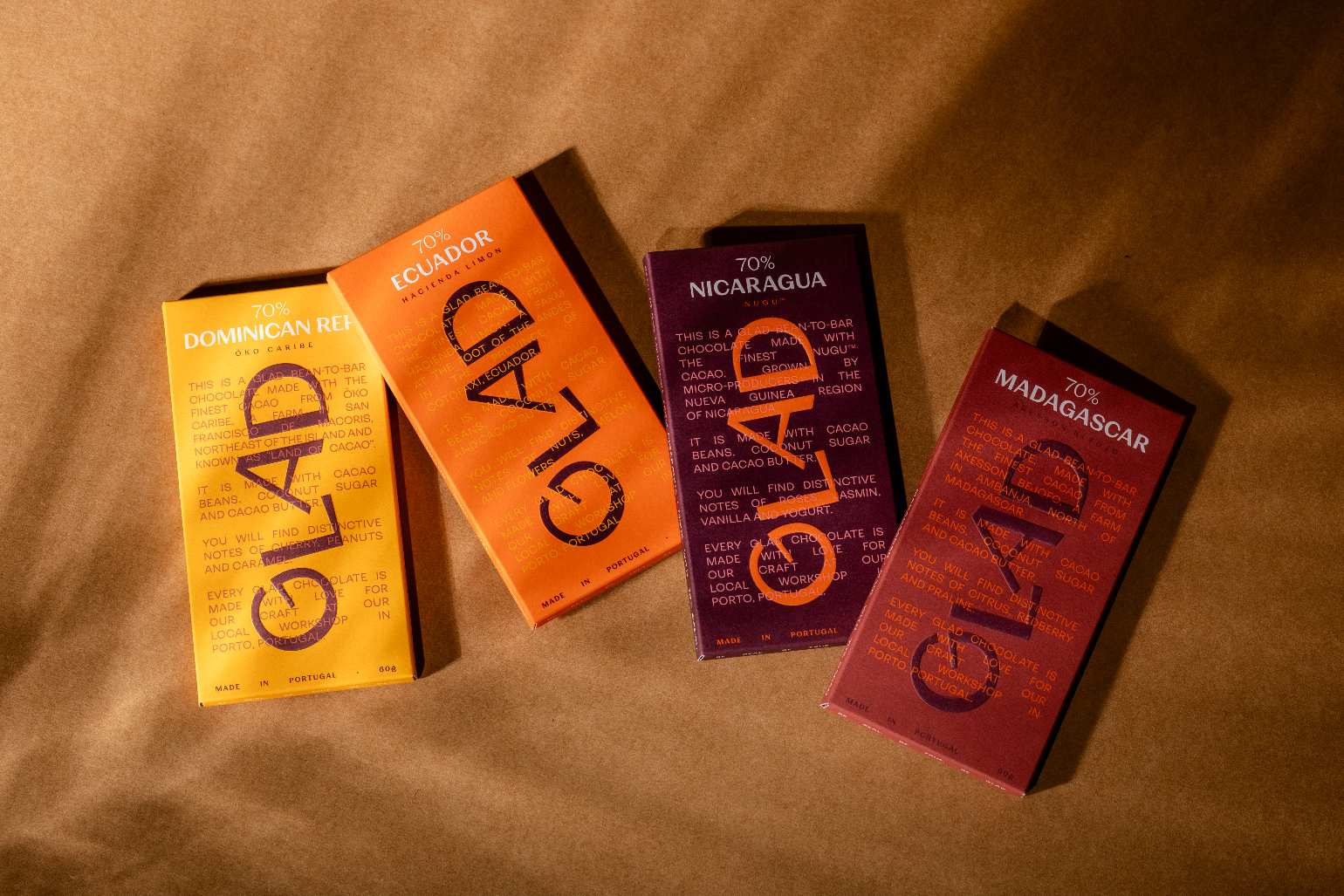 GLAD chocolate bars made with cocoa from different origins: Dominican Republic, Ecuador, Nicaragua and Madagascar.
