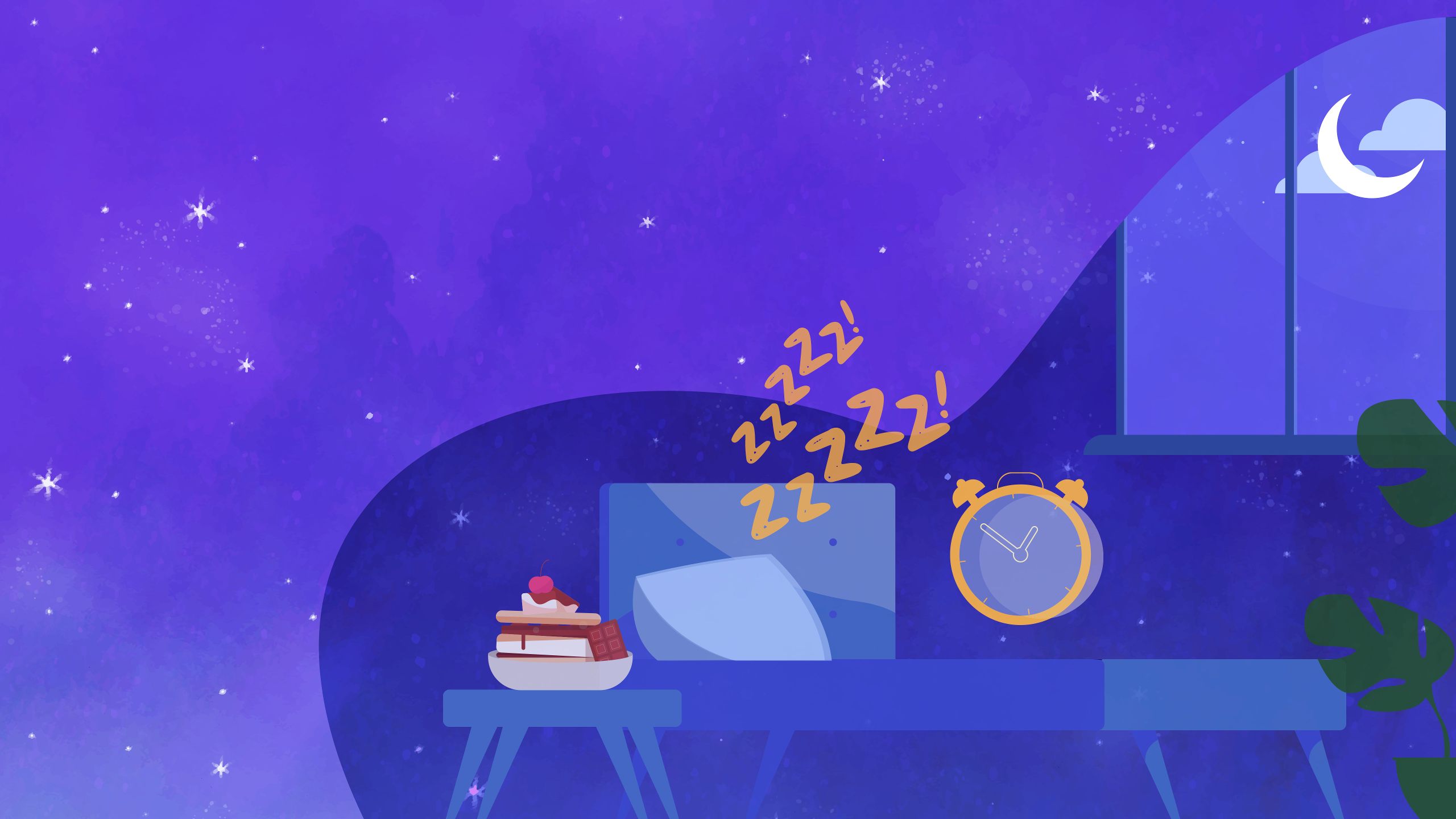 Illustration of a bedroom at night, with a cake plate and alarm clock next to the bed.