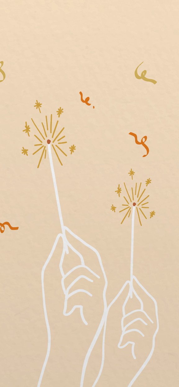 Illustration of hands holding sparkling candles, and confetti.