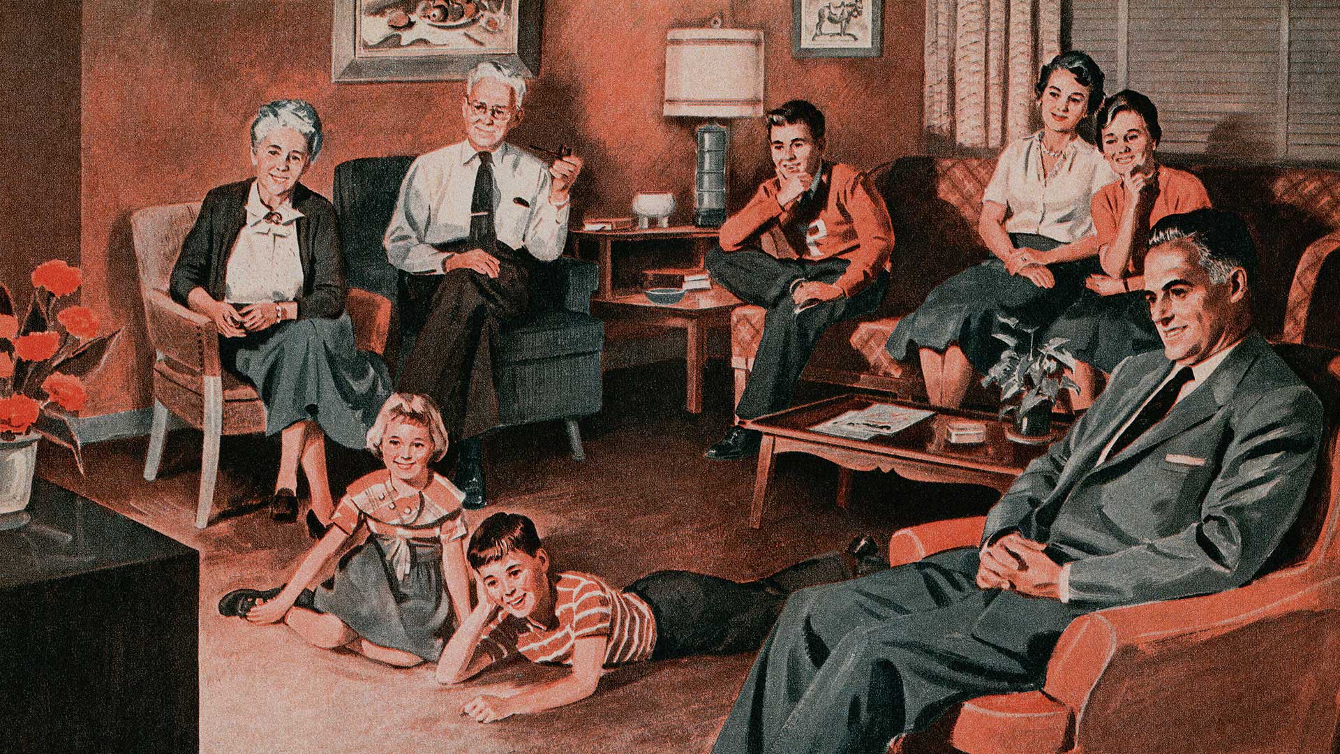 Vintage illustration of three generations of an American family watching television, 1956.