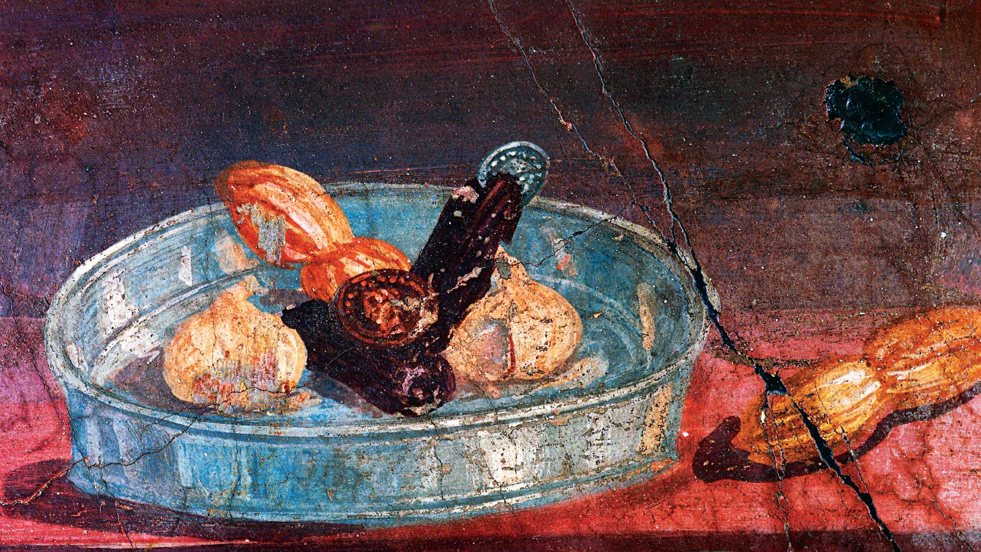 Still life with garlic, dates and honey, two gold and silver coins between fruit, wall painting from House of Deer, Herculaneum