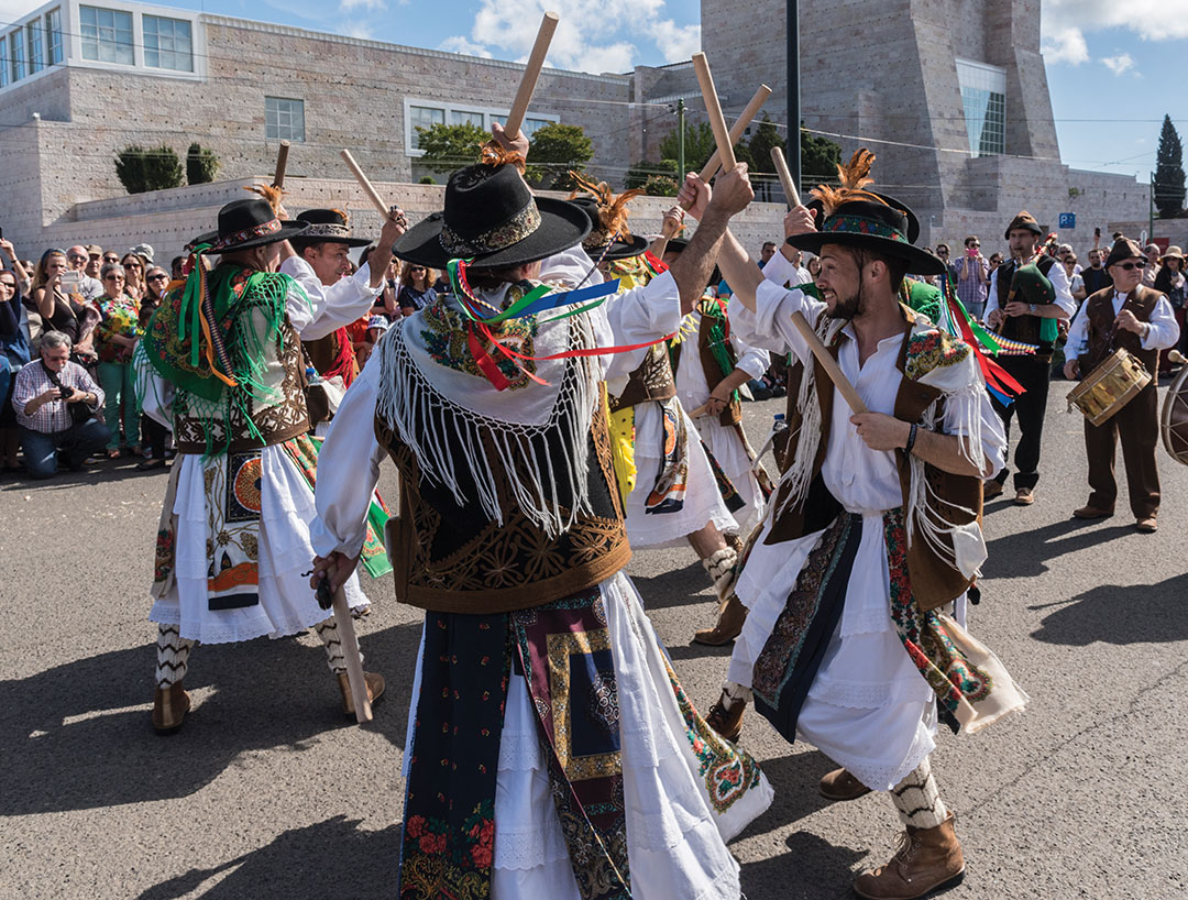 Members of "Pauliteiros de Miranda:, Miranda do Douro, Portugal, during the XII Parade of Iberian Masks at Jardim da Praca do Imperio during the 12th International Festival of the Iberian Mask on May 06, 2017 in Lisbon, Portugal.