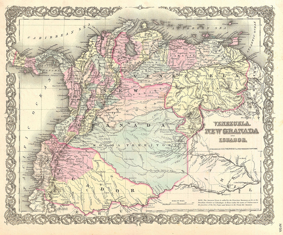 1855, Colton Map of Columbia, Venezuela and Ecuador