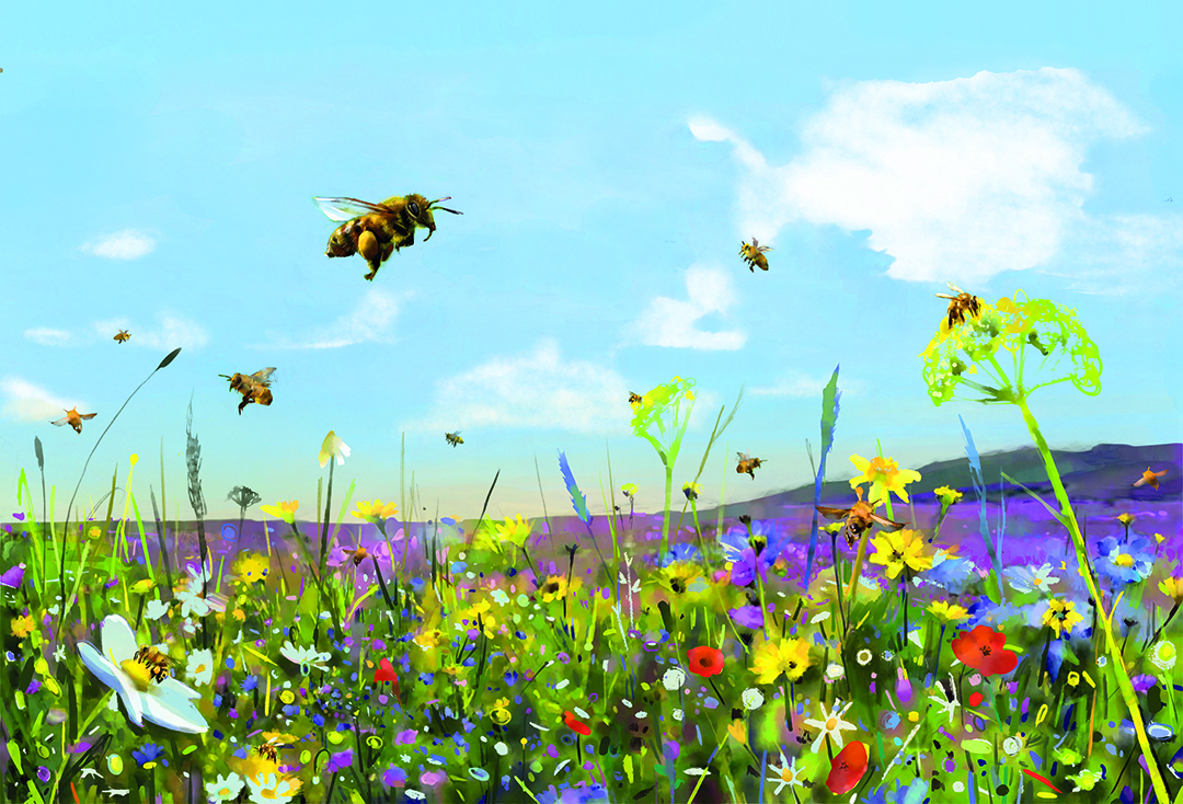 painting of bee with flowers