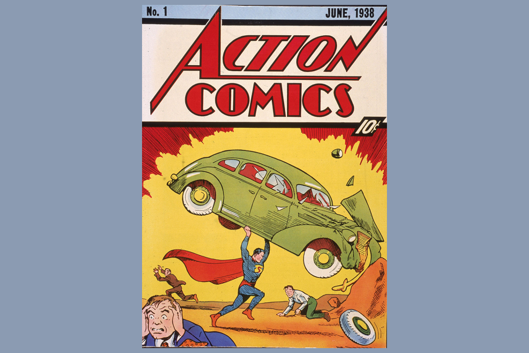 Cover illustration of the comic book Action Comics No. 1 featuring the first appearance of the character Superman (here lifting a car) June 1938.