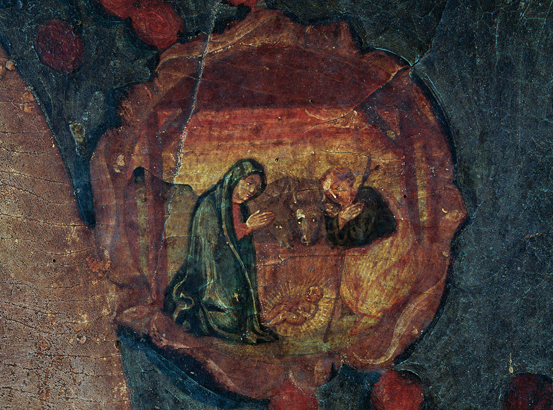 Jesus' birth, medallion inside the painting Madonna of the Rosary, in the monastery of Saint Francis, ca 1363, Fondi, Lazio, Italy.