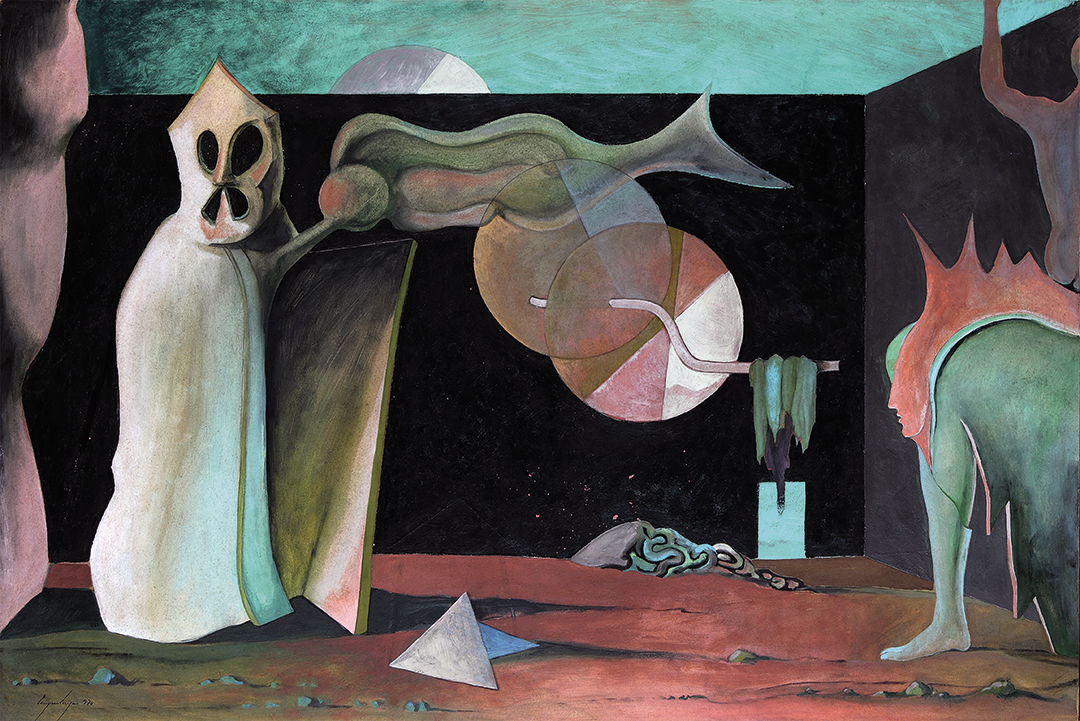 Cruzeiro Seixas “Os convidados recordam Gilles de Rais”, 1970 Tempera on paper mounted on fibreboard Cupertino de Miranda Foundation Collection