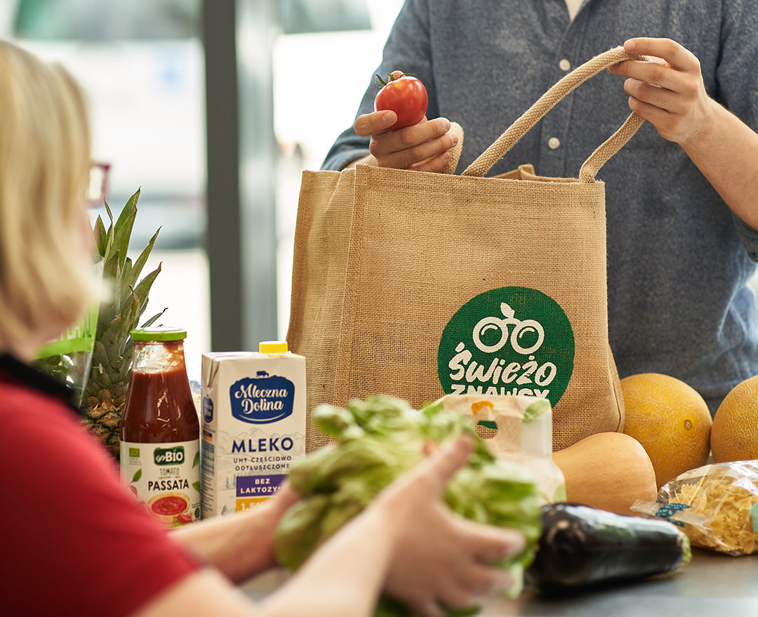 Shopping bag with different products like vegetables, milk and tomato sauce