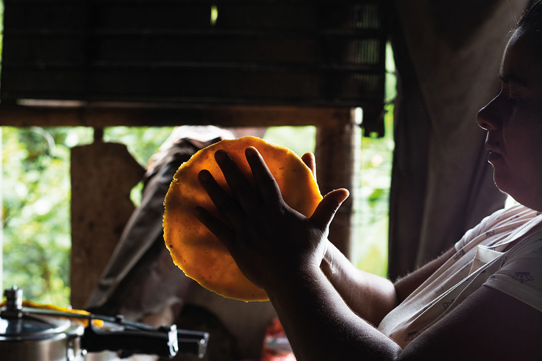 colombian peasant woman, making a yellow arepa with her hands. typical way of preparing breakfast on colombian farms. latina brunette making breakfast in her kitchen.