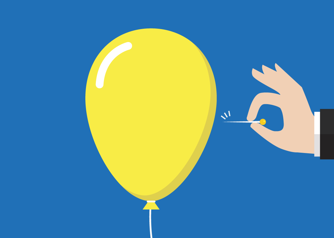 hand illustrated with a niddle close to a yellow balloon, on blue background