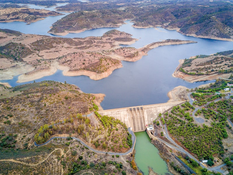 aerial image of the Alqueva hydroelectric power station, in Alentejo, Portugal. 