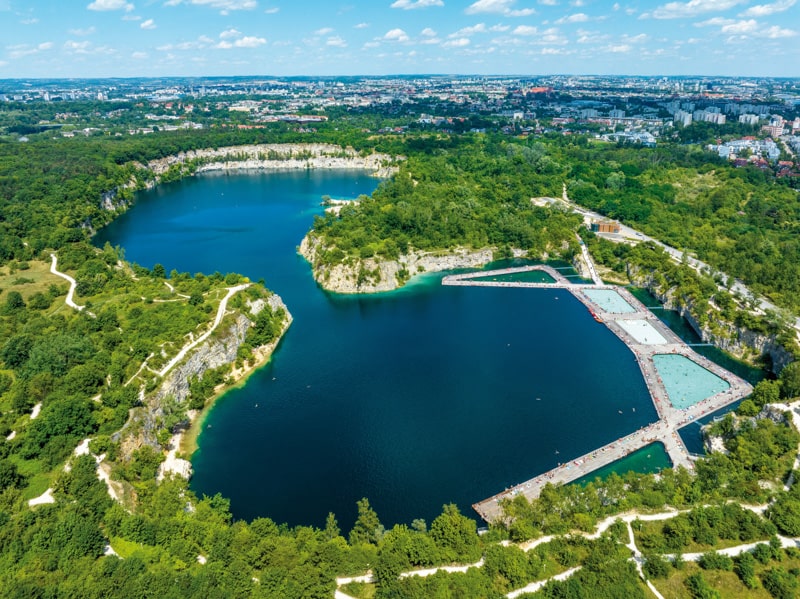 aerial view of swimming and paddling pools on Zakrzówek lake, Krakow, Poland. 