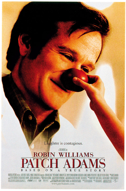 photo of the movie Patch Adams, with the actor Robin Williams with a clown red nose