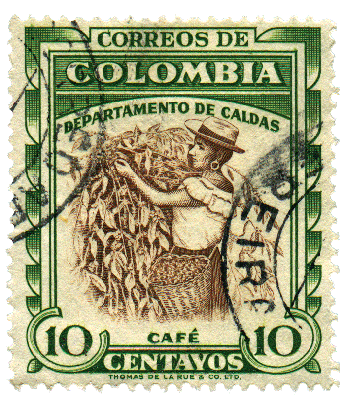 A stamp printed in Colombia shows coffee harvesting, circa 1940