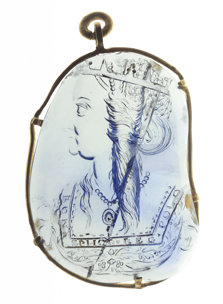 Portrait of Bona Sforza, Queen of Poland from 1517,by Giovanni Jacopo Caraglio, carved sapphire