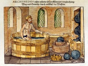 Archimedes in his bath, 1547. Sixteenth-century hand-coloured woodcut of the Greek mathematician and inventor who discovered formulae for calculating areas and volumes of planes and solid figures.