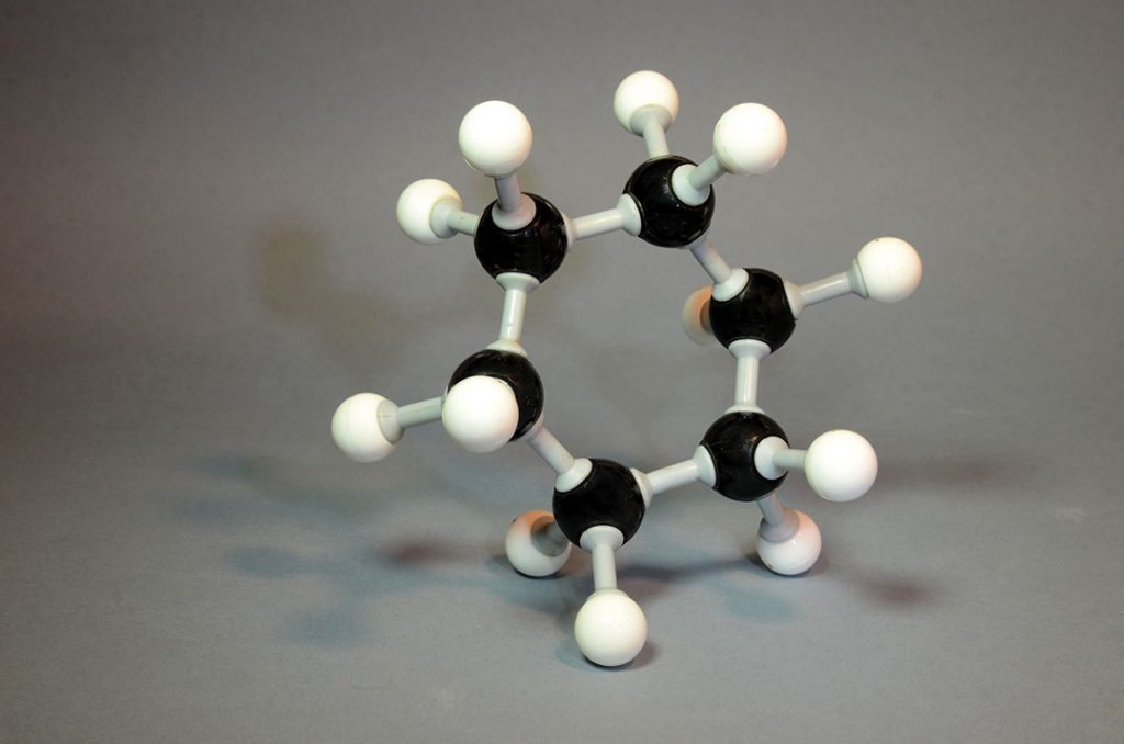 Molecule model of Benzene with its ring formed structure.