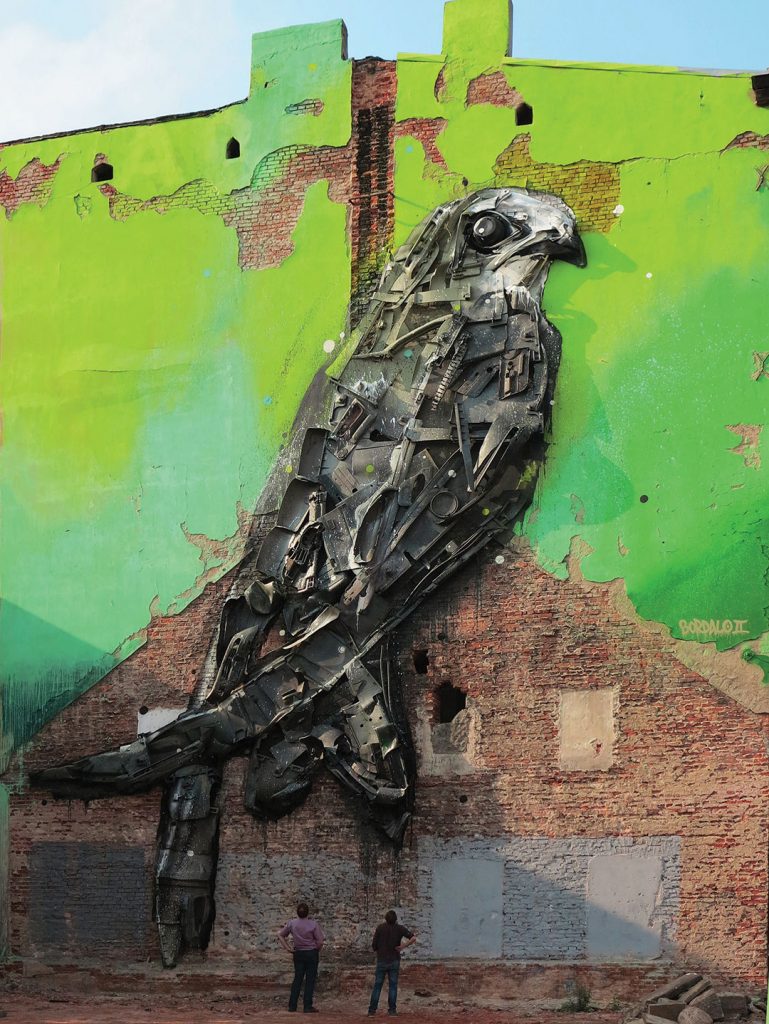 The artist’s largest creation is a swallow nested on a building façade in the city of Lodz.