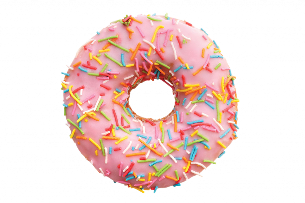 single pink donut, isolated on white background