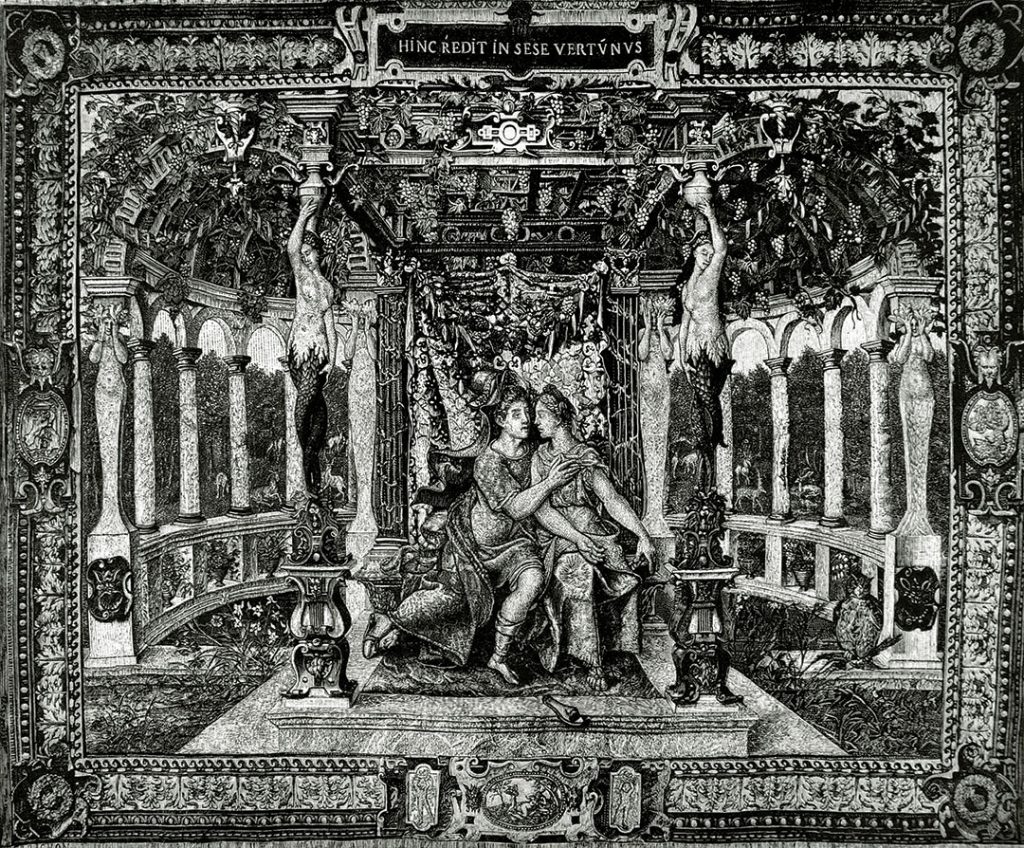 Roman mythology. Vertumnus and Pomona. Engraving by Perrichon after a tapestry of the 16th century. 'La Ilustracion Espanola y Americana', 1877.