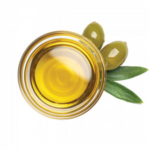 Bowl of fresh extra virgin olive oil and green olives with leaves isolated on white background. Top view