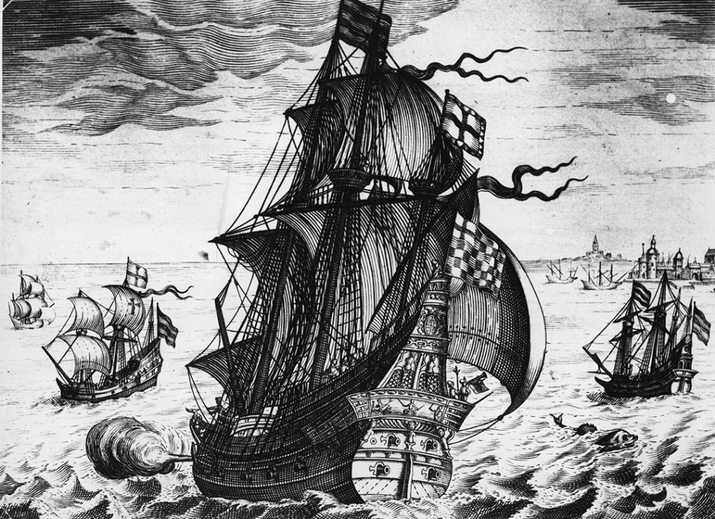 Circa 1550, A Spanish galleon of the mid 16th Century on the high seas