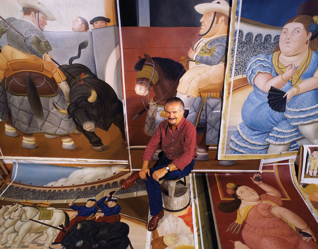 Fernando Botero, Colombian painter and sculptor in his studio in the rue du Dragon in Paris, surrounded by some of his new paintings on bullfighting theme of his exhibition at the Grand Palais from 19 to November 29.