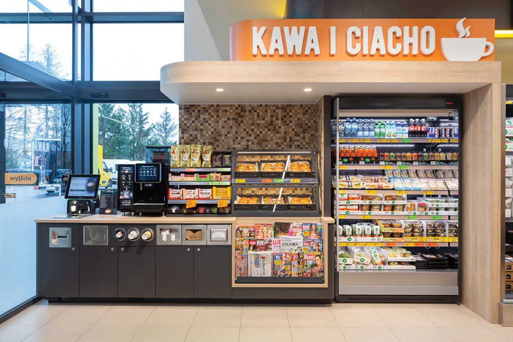 coffee corner with a separate self-service station and a large selection of snacks.