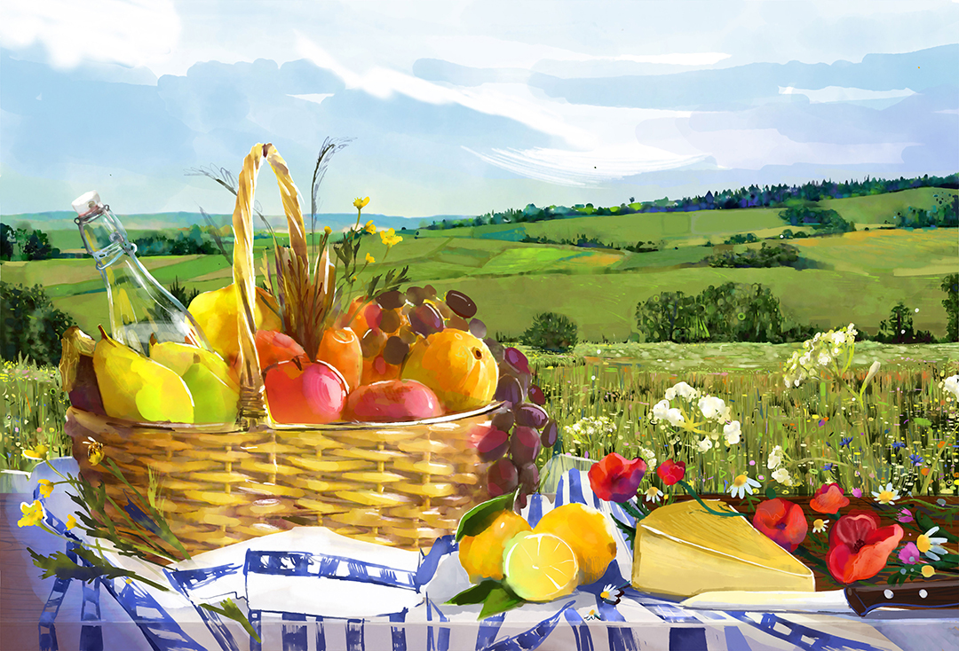 a basket full of fruits painting