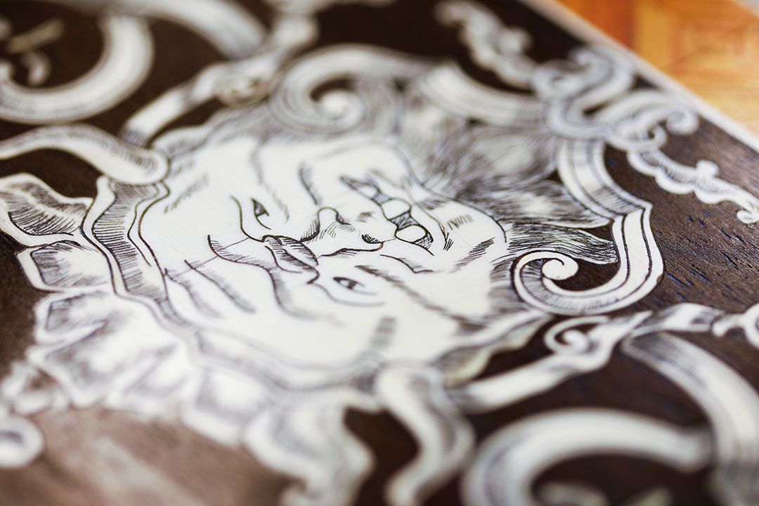 Detail of hand-painted ivory inlay on the Ladies’ Table.