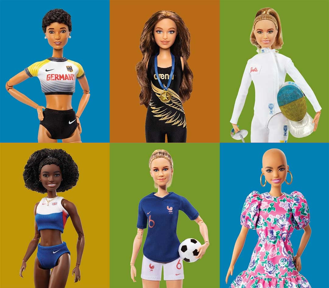 Six different barbies with colorful background