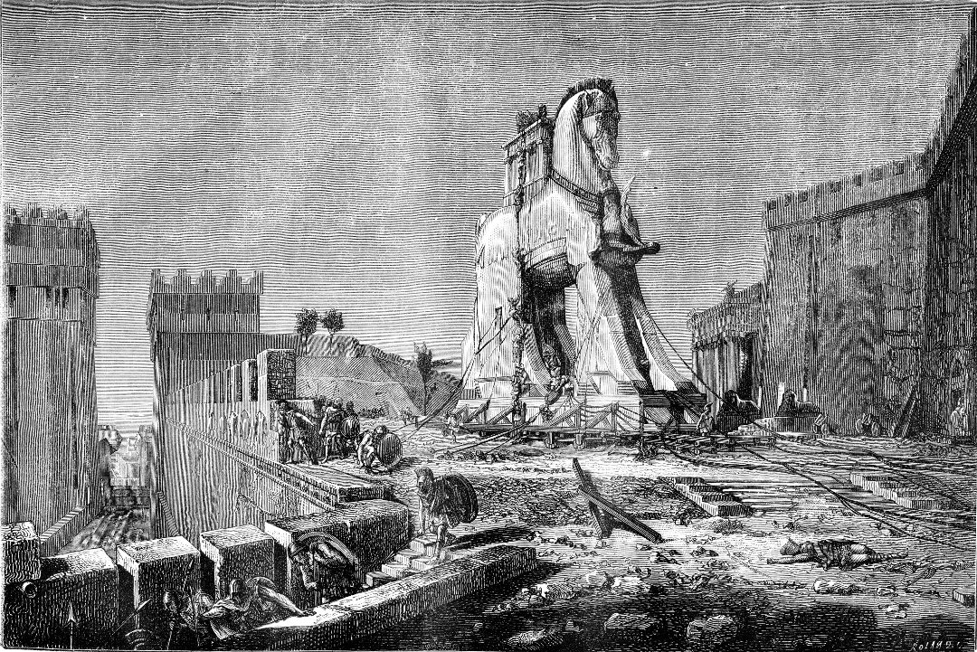 Engraving depicting the wooden horse of Troy, used by the Greeks to enter Troy