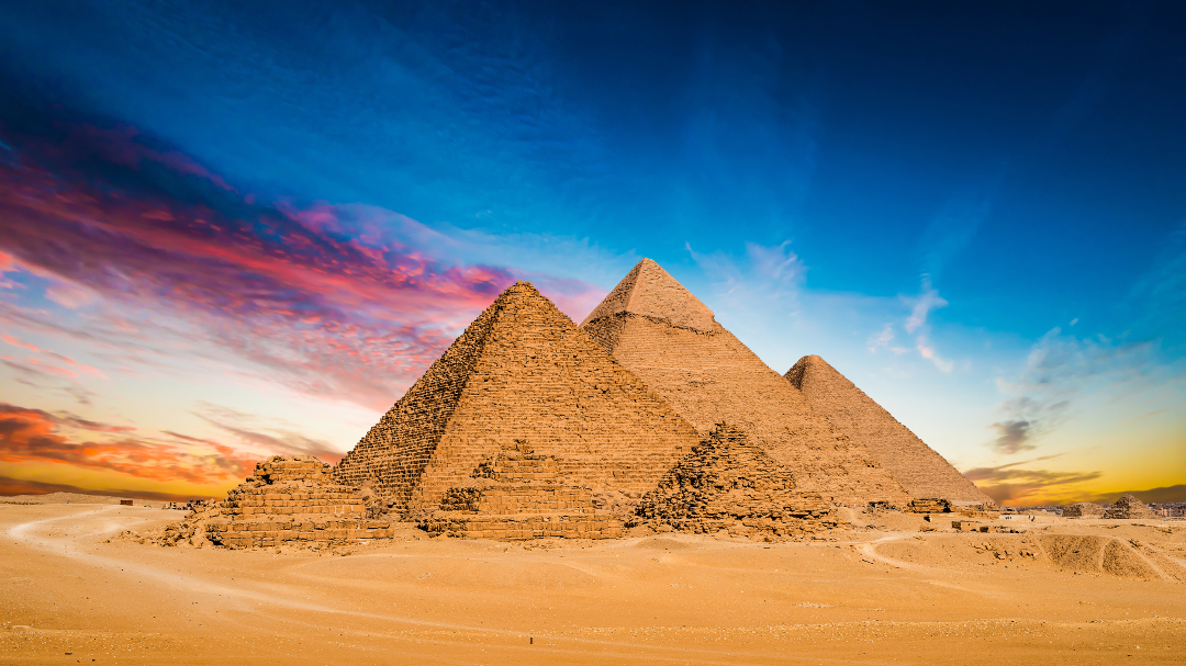 Great pyramids Giza Egypt on sunset