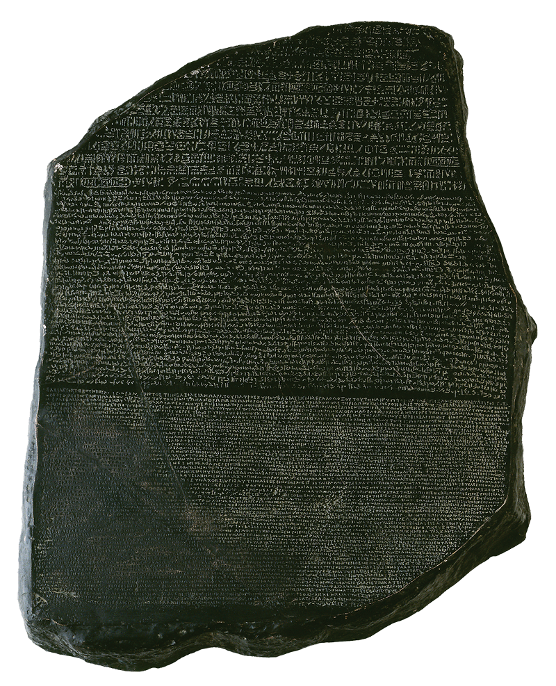 Reproduction of rosetta stone, key to deciphering Egyptian hieroglyphs. Isolated over a white background