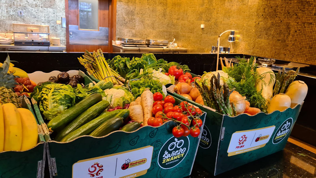 Boxes with vegetables and fruits