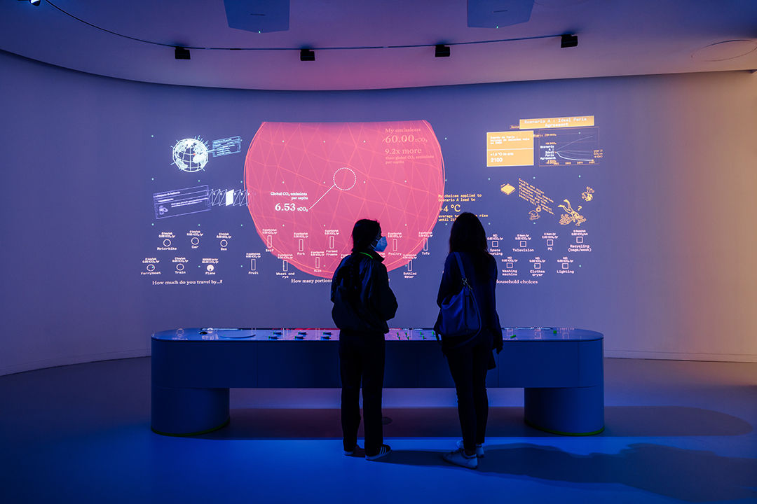 This multi-user interactive console allows visitors to identify their environmental impact and see it on a global scale.