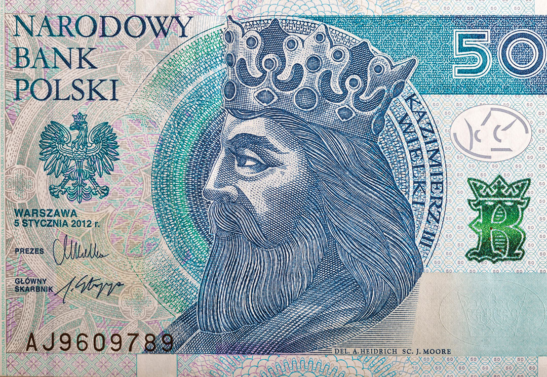 Polish money bill fifty zloty macro with portrait of King of Poland Casimir III the Great.