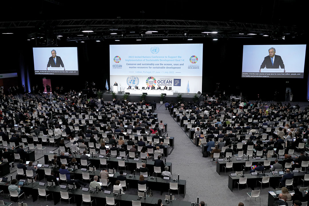 United Nations Secretary General Antonio Guterresx (top L) delivers a speech opening the United Nations Oceans Conference in Lisbon, Portugal, on June 27, 2022.