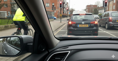 View from driver's seat showing A-pillar