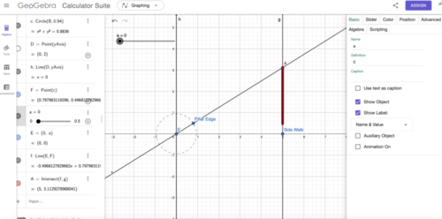 GeoGebra diagram showing eye position E, pillar edge, sidewalk at 5m, and blind spot region A